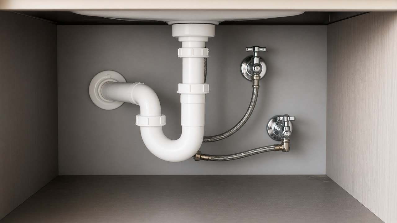 New white drain and chrome valves under the same sink (illustration)